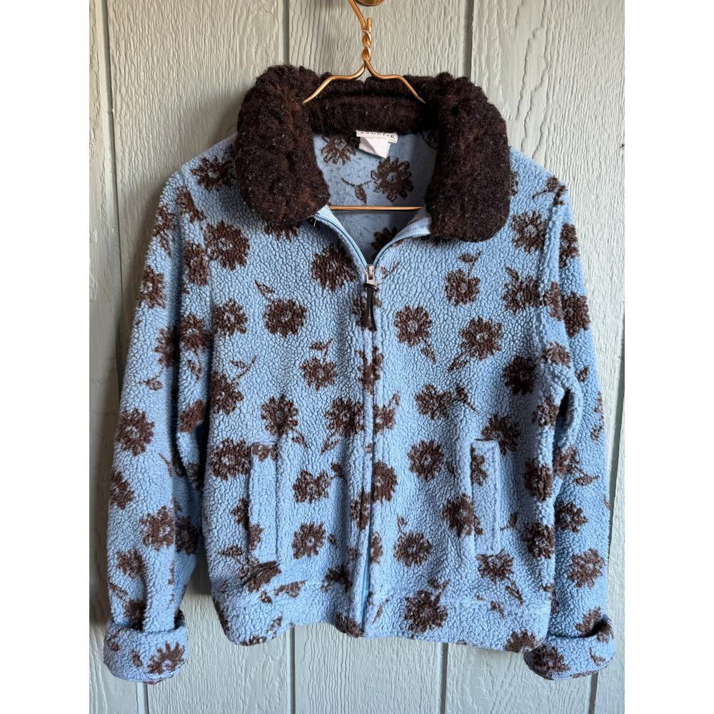Vintage Floral Sherpa Fleece Jacket Women’s Blue Brown Zip Front Cozy Small